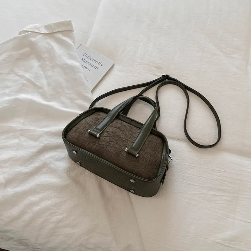 Vintage Croc-Embossed Mini Boston Bag with Dual Straps