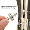 A hand holds magnetic curtain clips, showing the product used to solve curtains not closing.