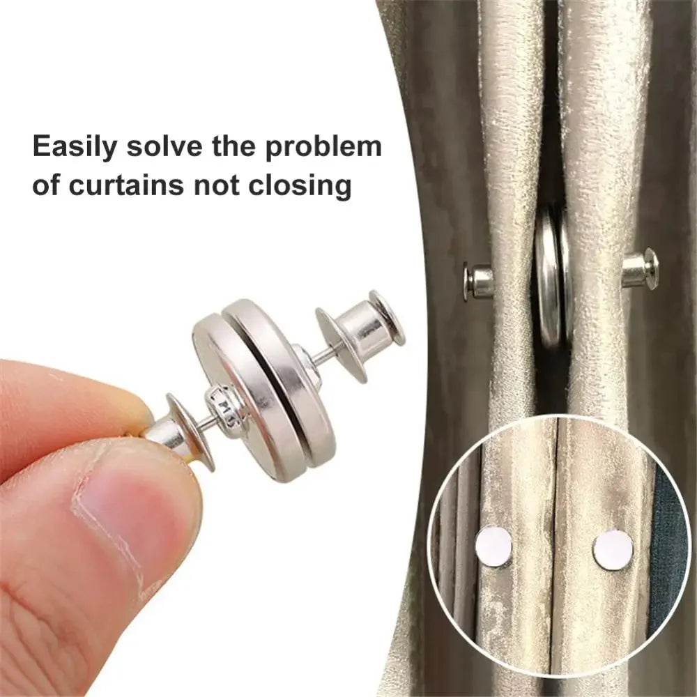 A hand holds magnetic curtain clips, showing the product used to solve curtains not closing.