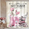 A shower curtain featuring a gothic skull design with pink floral accents and elegant writing.