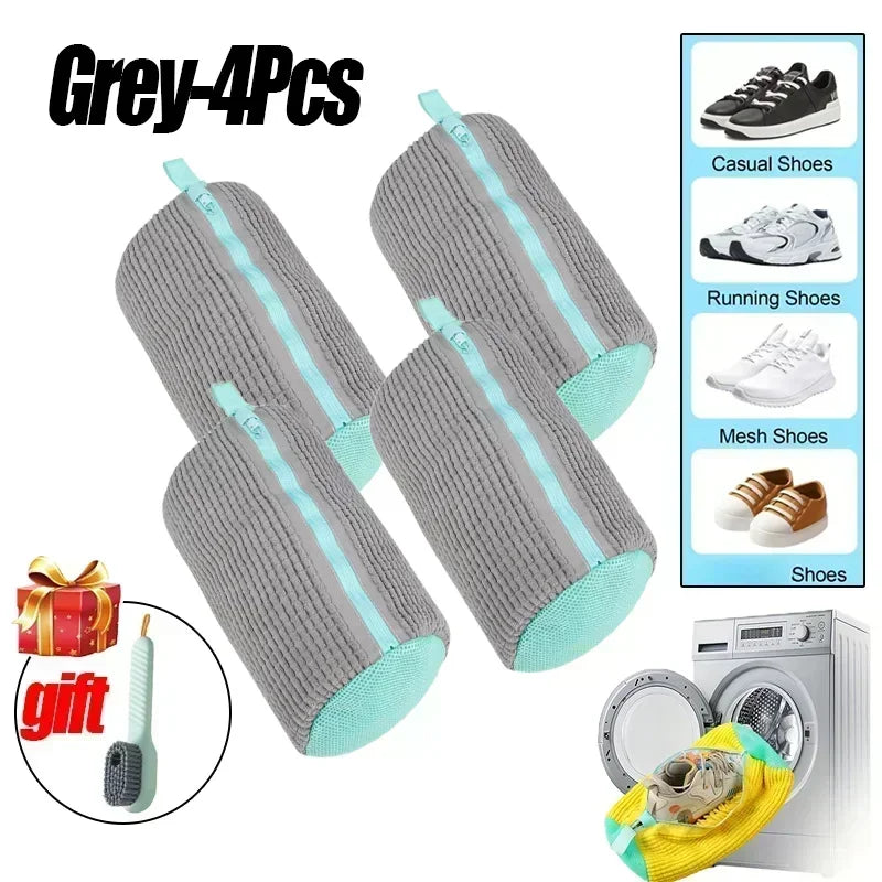 Grey reusable shoe laundry bags for machine washing shown next to various shoes and a laundry item