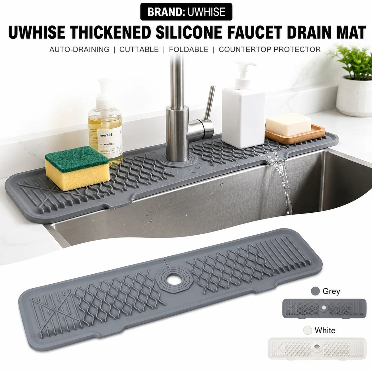 A silicone faucet drain mat is shown in various forms, including a slotted tray and a flat mat, used to protect countertops.