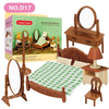 Stonle Family Bedroom miniature dollhouse furniture set featuring a wooden bed, mirror, and decorative items.