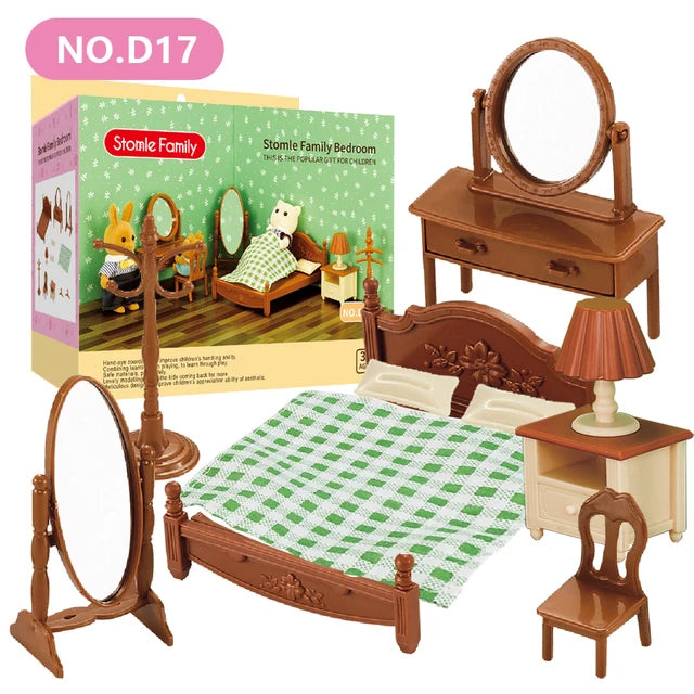 Stonle Family Bedroom miniature dollhouse furniture set featuring a wooden bed, mirror, and decorative items.