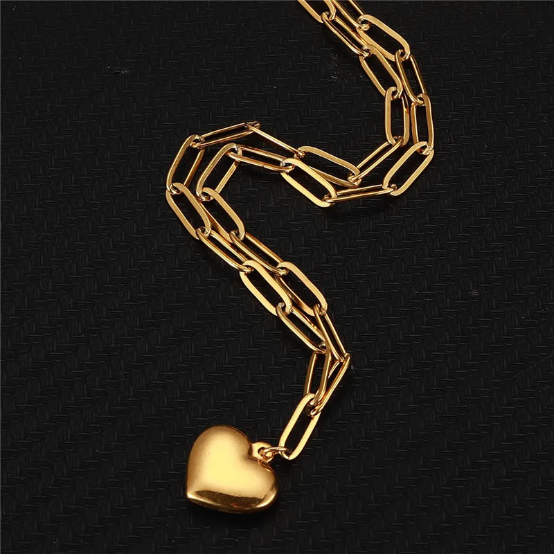 Stainless Steel Paperclip Chain Heart Pendant Necklace