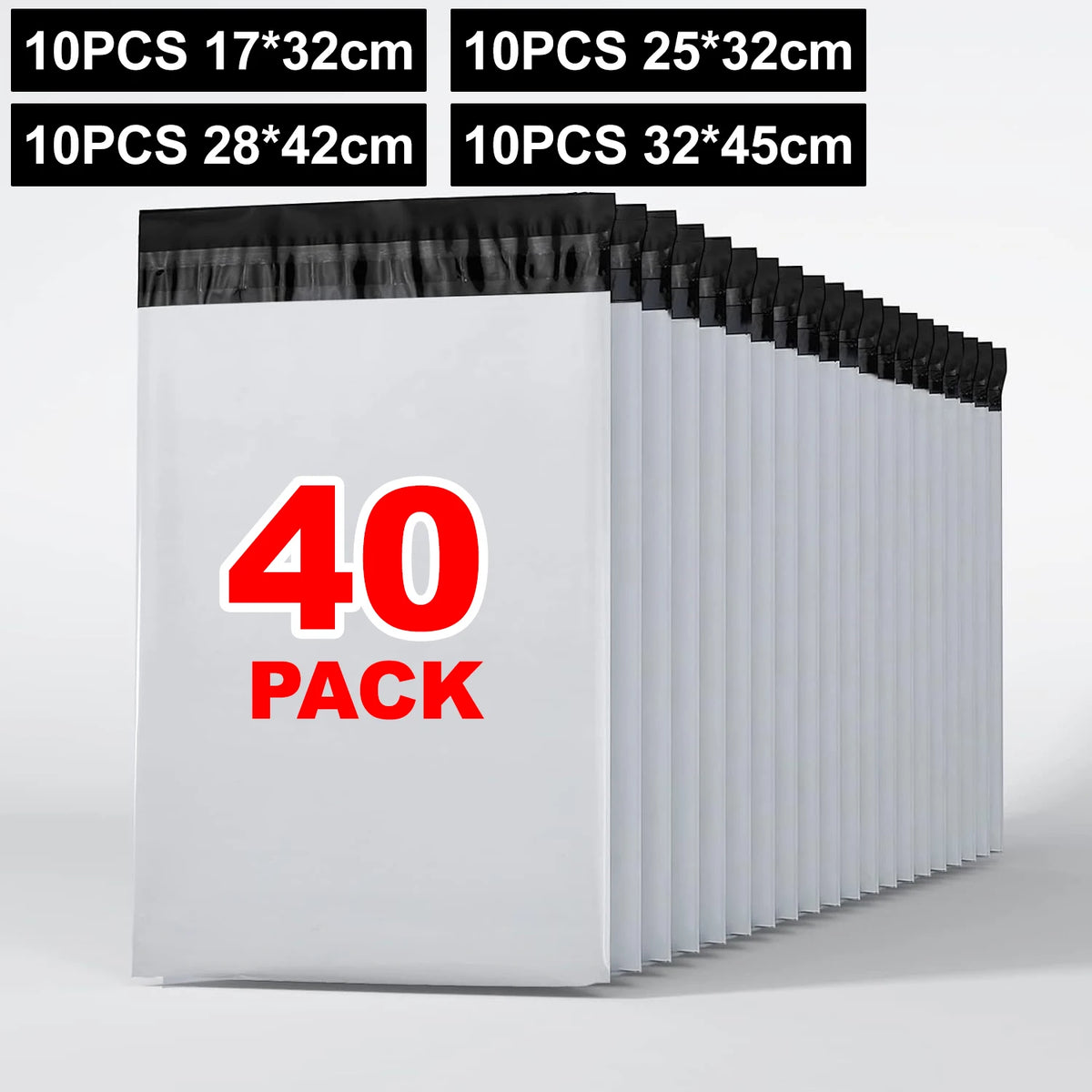 A stack of 40 packs of sturdy waterproof poly mailers with self-adhesive seals in white.