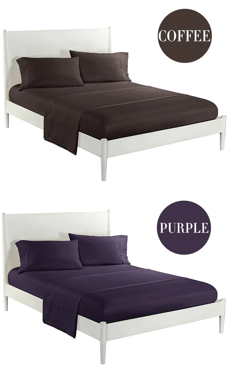 Cadre de lit blanc avec linge en microfibre brun foncé et violet, option café et violet.
