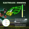 A green neon sign shaped like an eagle is displayed next to a slider showing dimming levels and wiring instructions.