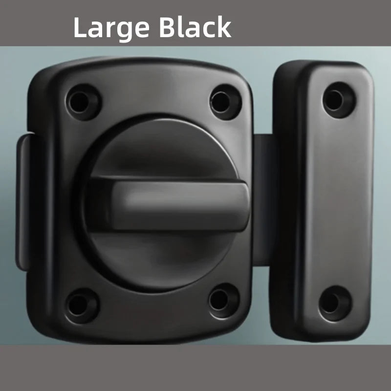 Large black heavy-duty swivel bolt door lock with a round handle and mounting plate.
