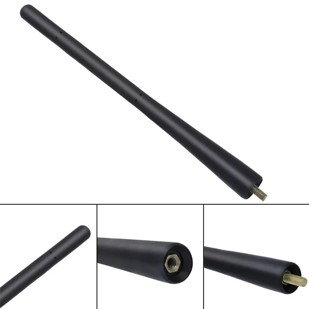 A black metal car antenna with a threaded tip.