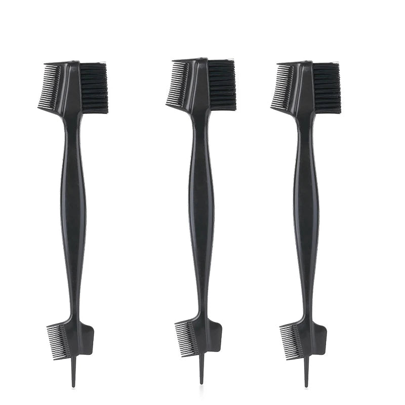 Three black edge control brushes for hairlines and wigs shown side by side