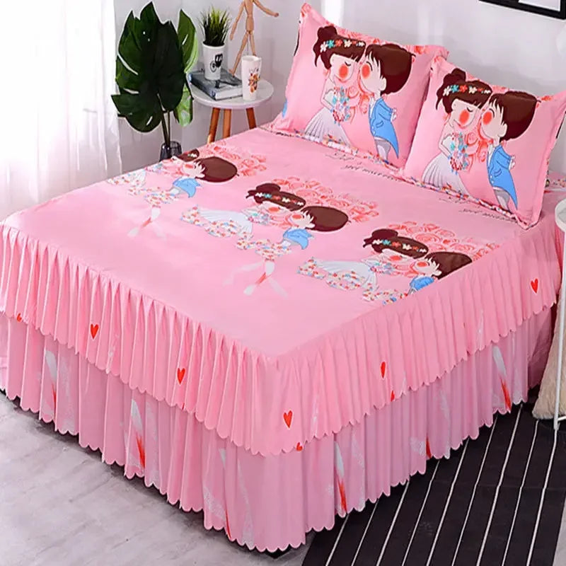Elegant Elastic Fitted Bed Sheet Set with Lace Skirt and Pillowcases