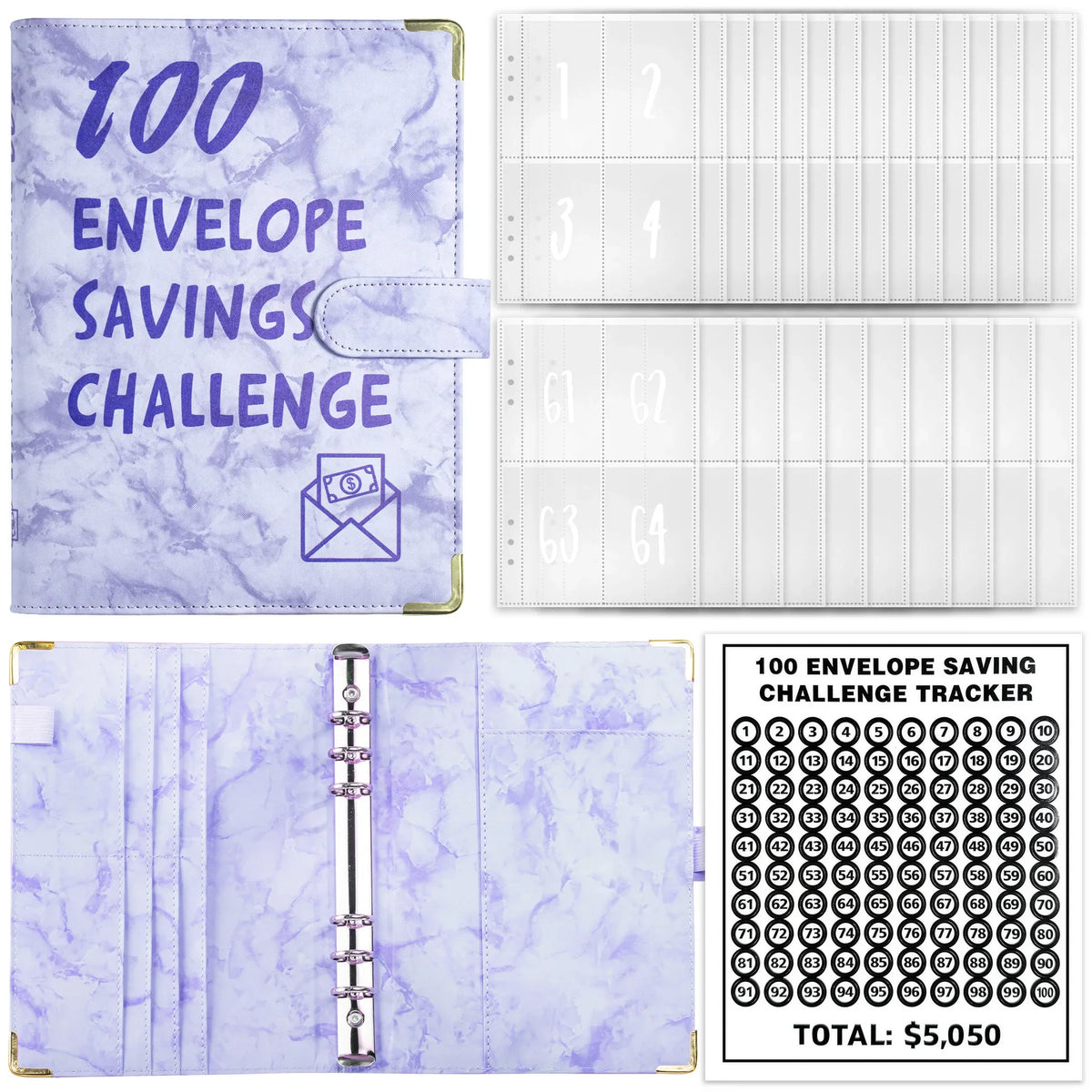 Marble A5 Savings Challenge Binder with 100 Cash Envelopes