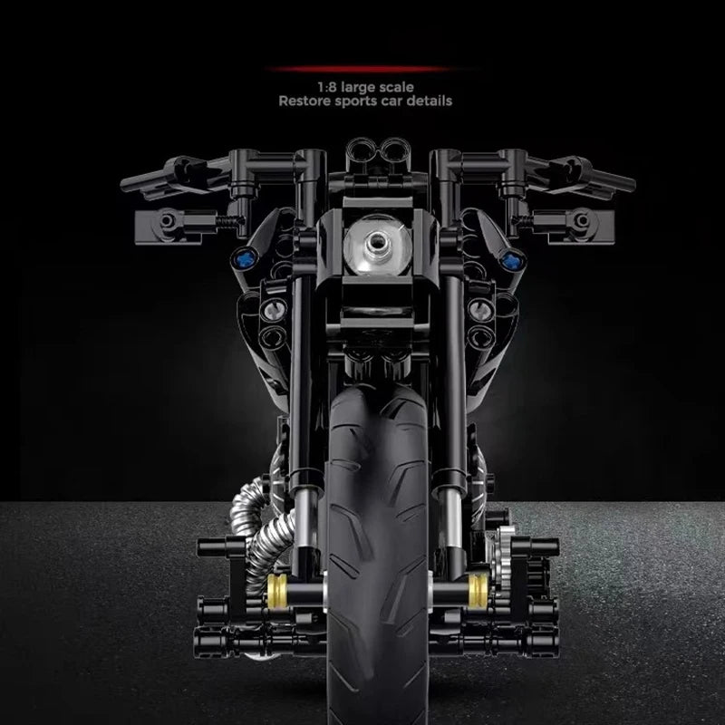 1:8 scale model of a detailed sports motorcycle built from building blocks