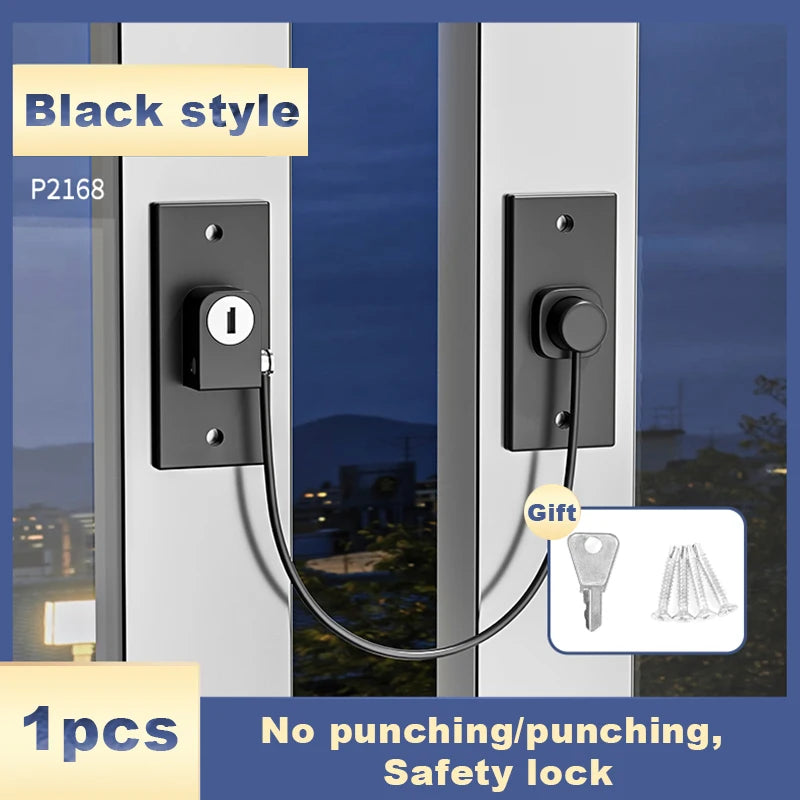 Black style safety lock installed on a white door frame, showing the lock and key.