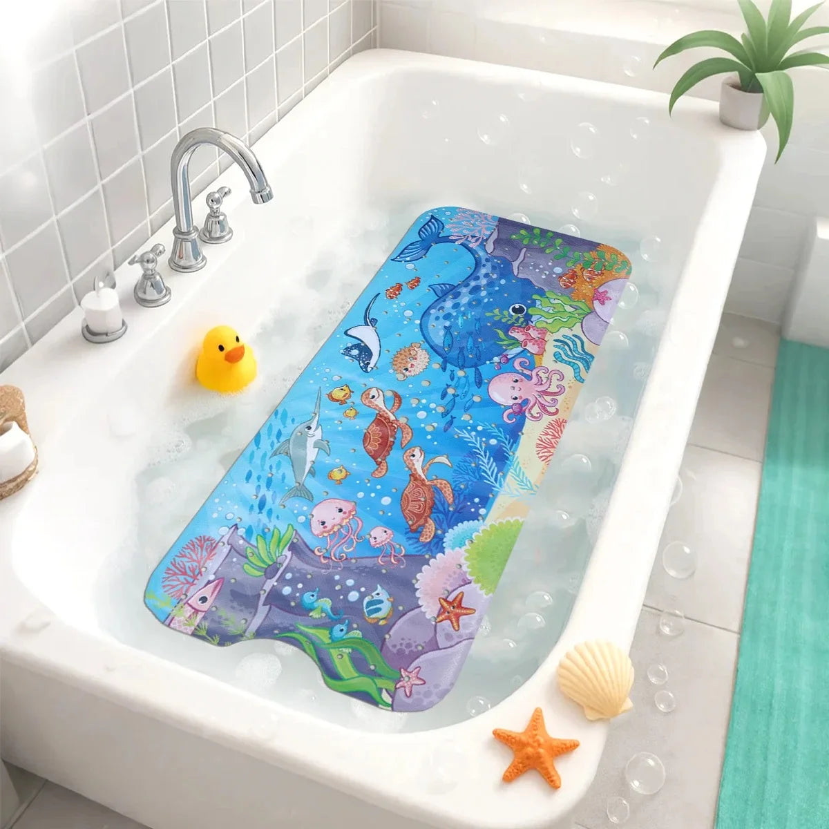 A blue cartoon fish bathtub mat with various sea creatures and suction cups in a white bathtub.
