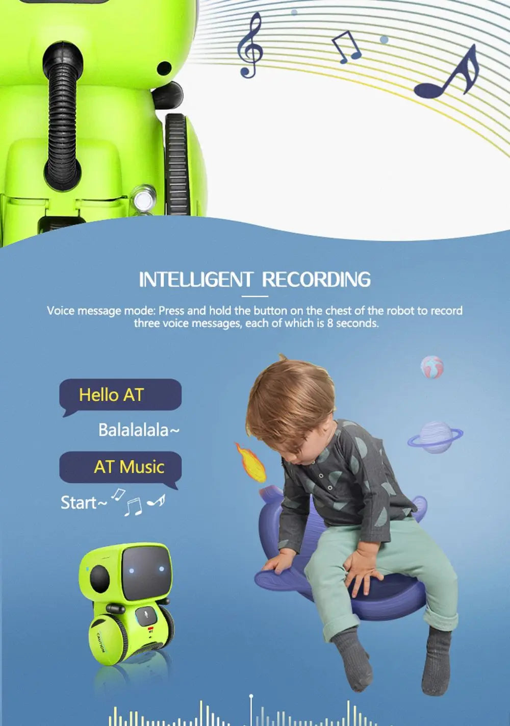 A green robot toy is shown next to a child interacting with it, demonstrating intelligent recording features.