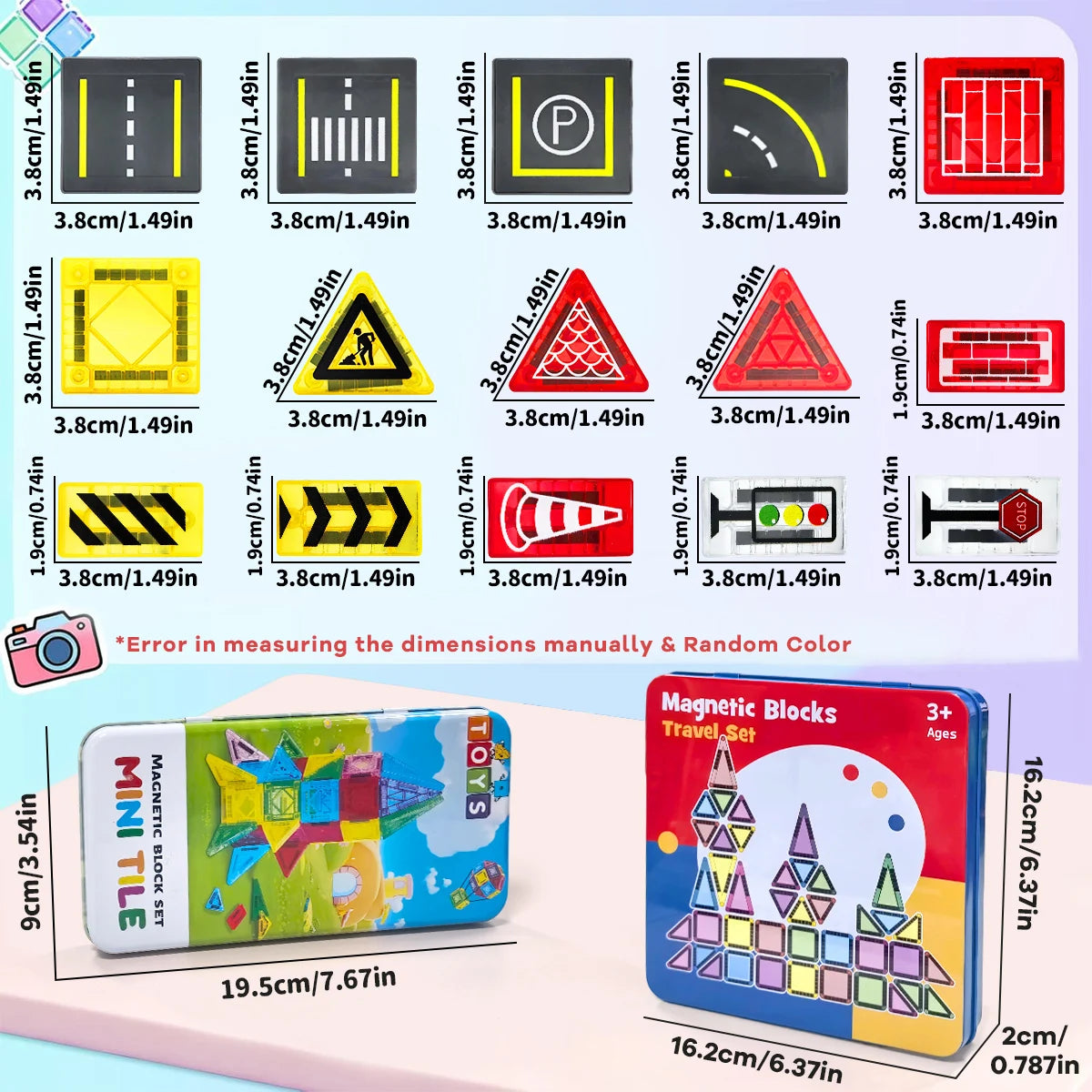 A set of magnetic road construction tiles and blocks for building miniature roads.