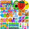 A colorful pack of sensory fidget toys and stickers for kids including squishy toys, slime, and various themed items.