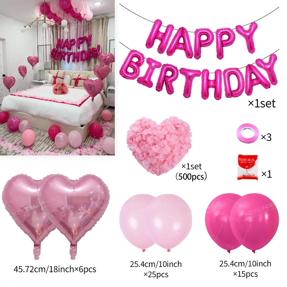 Pink Heart Happy Birthday Balloon Set