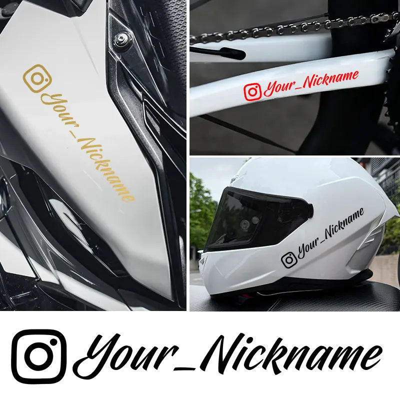 Close-up of a white motorcycle helmet featuring a custom name decal sticker on the side.