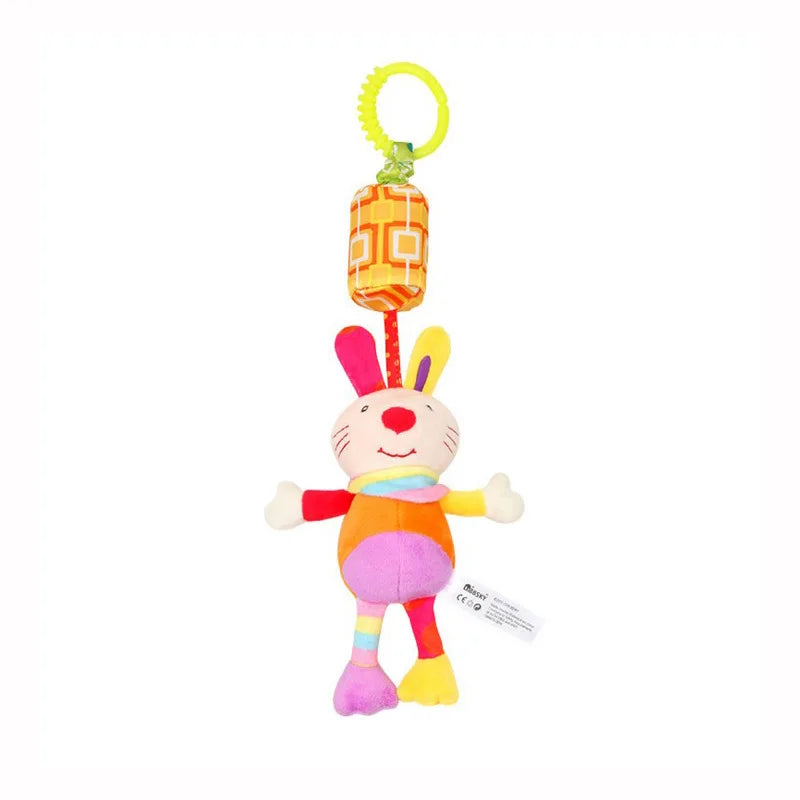 Soft plush baby rattle toy with a hanging bell shaped like a cartoon animal for newborns.