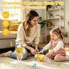 A young girl plays with a yellow crawling dancing crab toy for sensory and fine motor development.