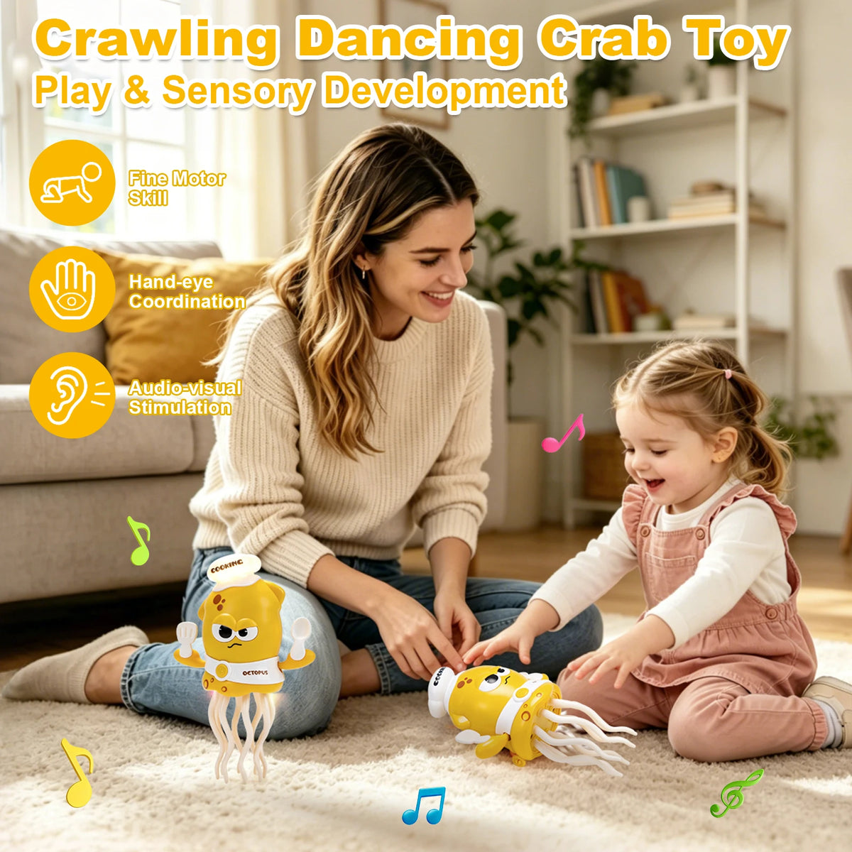 A young girl plays with a yellow crawling dancing crab toy for sensory and fine motor development.