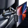 An adjustable car tablet mount is shown attached to a rear seat, holding a tablet in place.