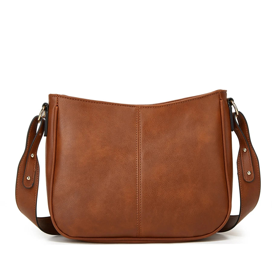 A brown classic PU leather crossbody shoulder bag with a smooth finish and leather strap.