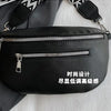 Black multi-pocket PU leather waist bag with a silver zipper and adjustable strap