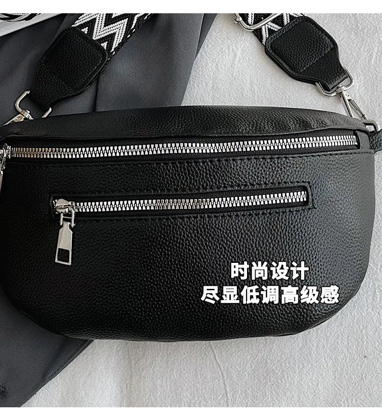 Black multi-pocket PU leather waist bag with a silver zipper and adjustable strap