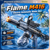 A black electric automatic water gun labeled Flame M416 with powerful engine and cool lights firing water.