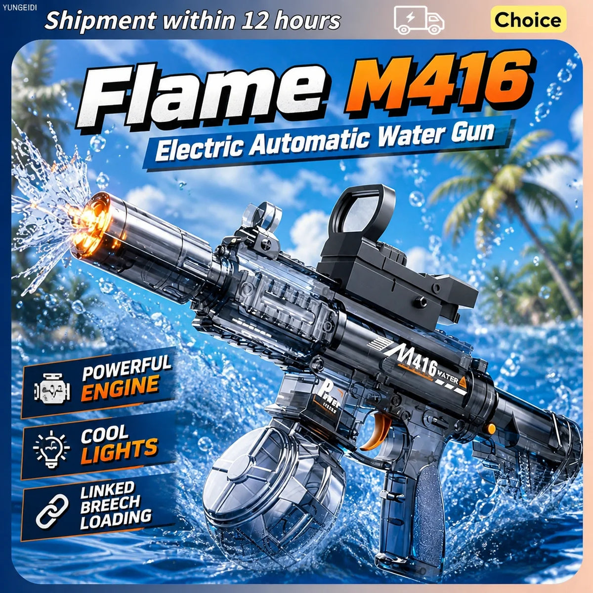 Flame M416 electric automatic water gun with powerful engine and cool lights firing water.