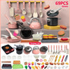 A large set of 69 green kids pretend play kitchen cooking tools including pots, pans, spoons, and various food items