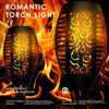 A black torch light with a decorative flame design is shown against a background of bright orange and yellow flames.