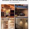 A rechargeable LED wall lamp with touch control and 360° rotation shown in various interior settings.