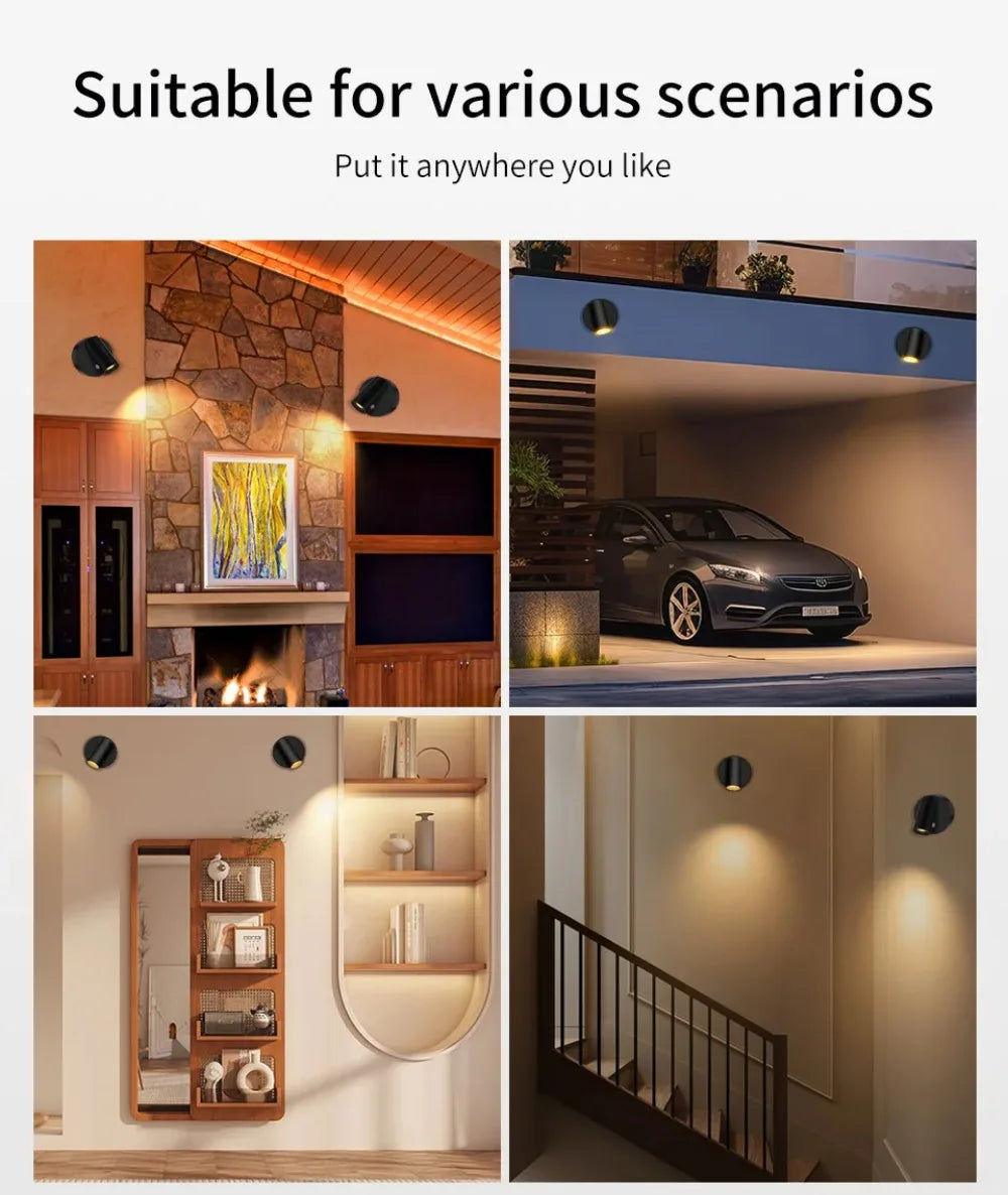 A rechargeable LED wall lamp with touch control and 360° rotation shown in various interior settings.