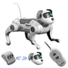 A white and black robot dog toy is shown with its detached head and body parts.