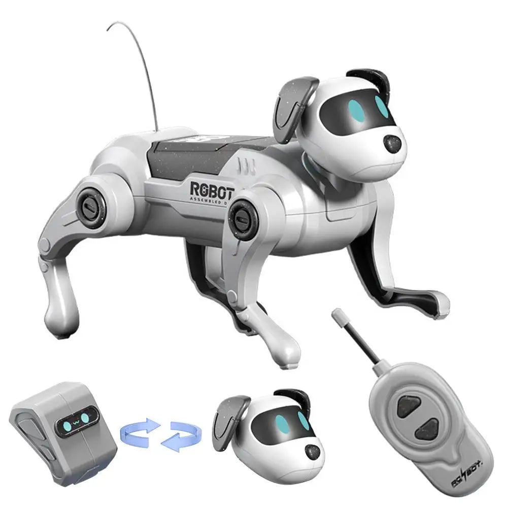 A white and black robot dog toy is shown with its detached head and body parts.
