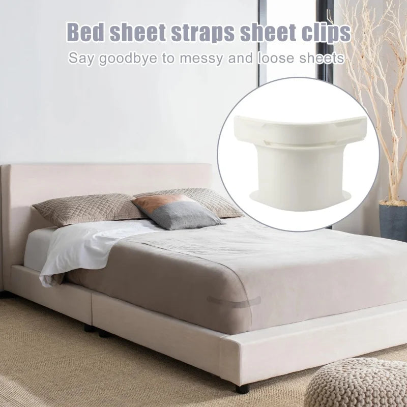 White bed sheet straps or clips used to secure and keep sheets tidy on a bed.