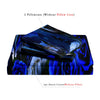 A set of two pillowcases and one duvet cover featuring a dark blue and purple print of a wolf and roses.