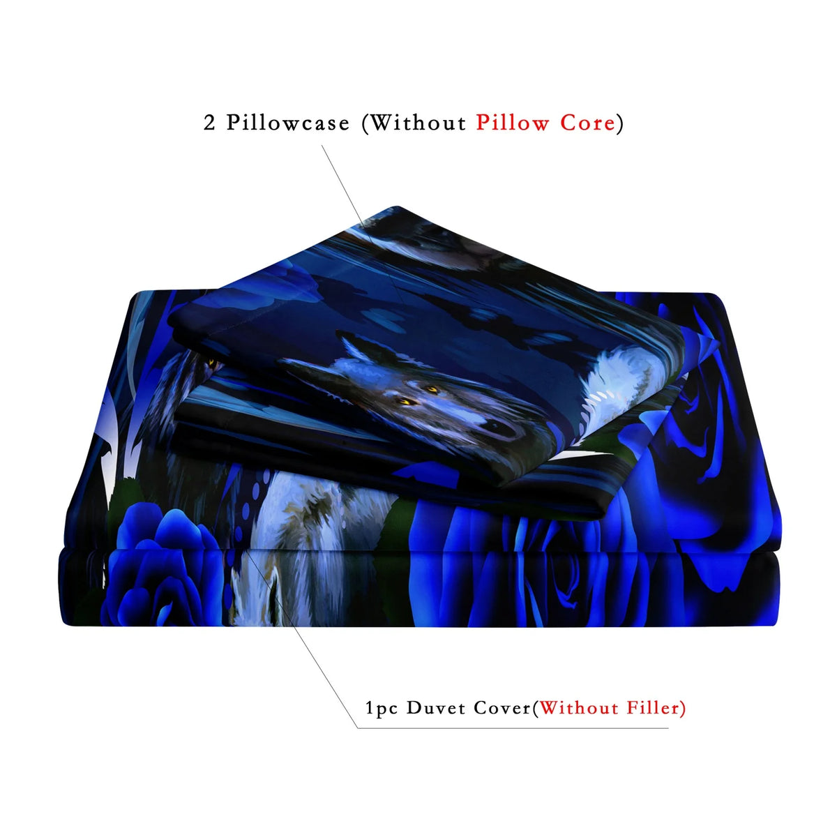 A set of two pillowcases and one duvet cover featuring a dark blue and purple print of a wolf and roses.