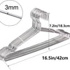 A set of ten heavy-duty stainless steel wire clothes hangers shown with dimensions.