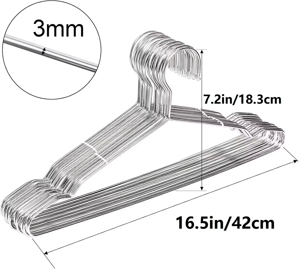 A set of ten heavy-duty stainless steel wire clothes hangers shown with dimensions.