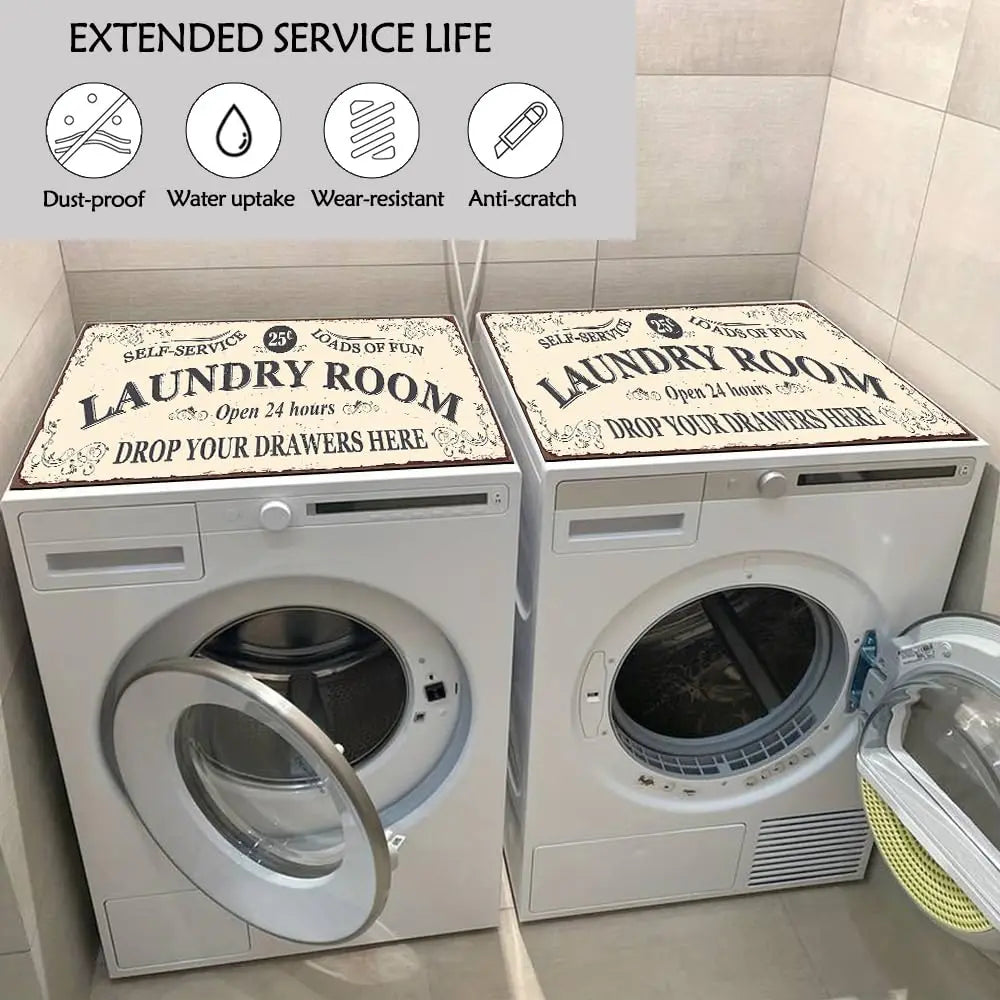 A white laundry room setup showing a washing machine and dryer with an extended service life protector mat.