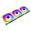 Rechteckiger PC-Kühlerlüfter mit drei sichtbaren ARGB-Lüftern und Spiegel-Licht-Effekt.