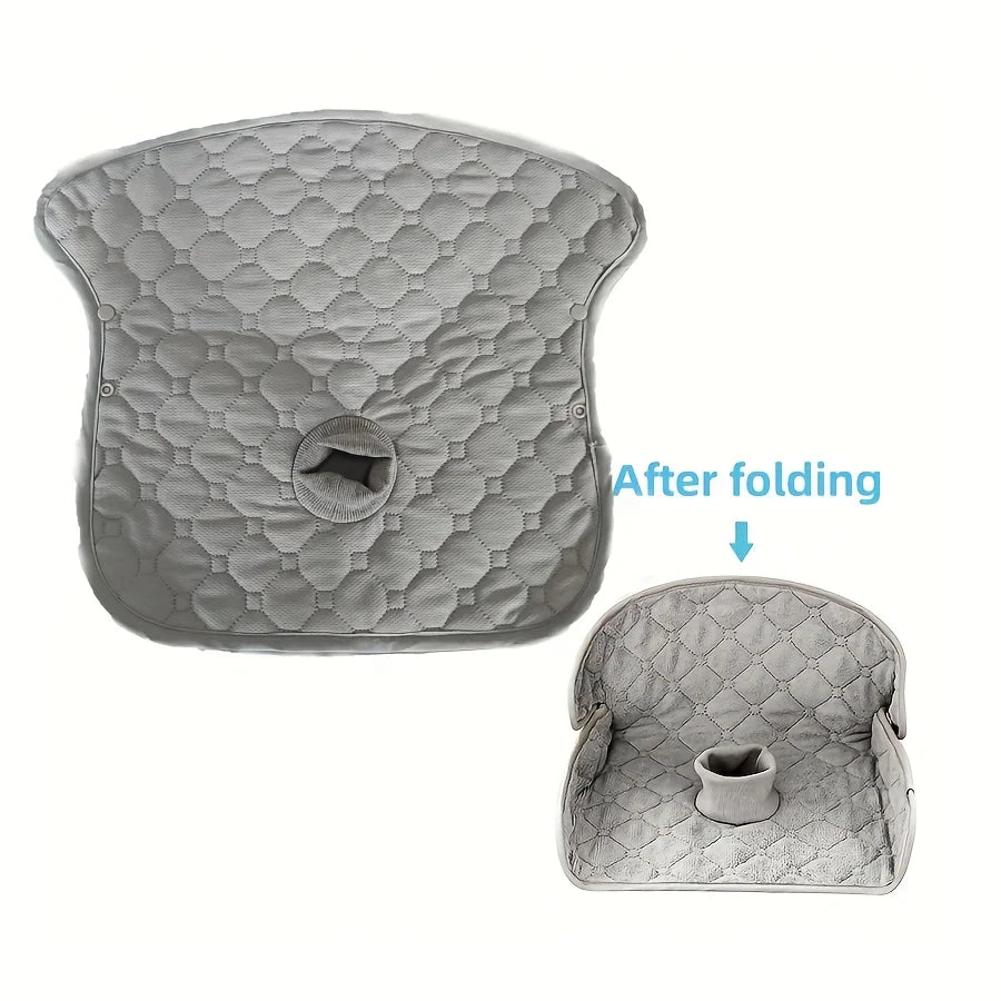 A gray leak-proof baby seat pad shown in its unfolded and folded states.