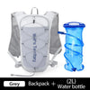 Grey backpack and 2-liter water bottle shown together.