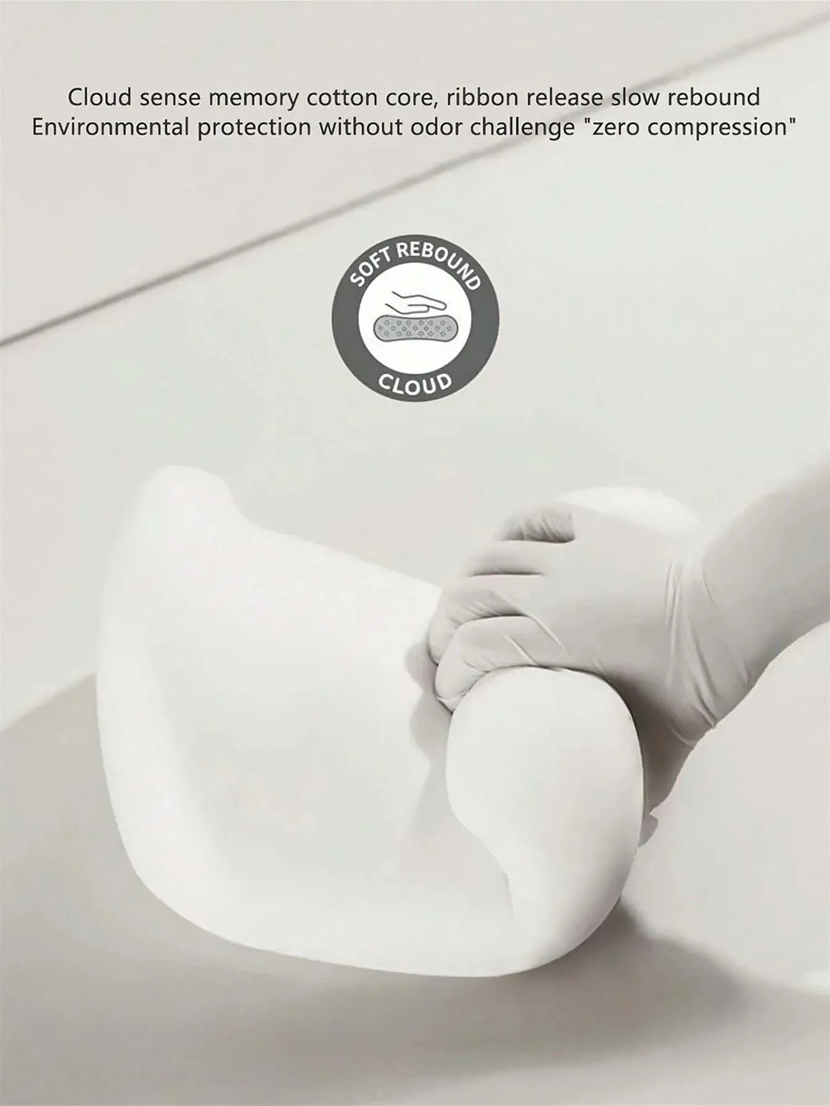 A hand is applying a white memory foam pillow to a person's neck and shoulder area.